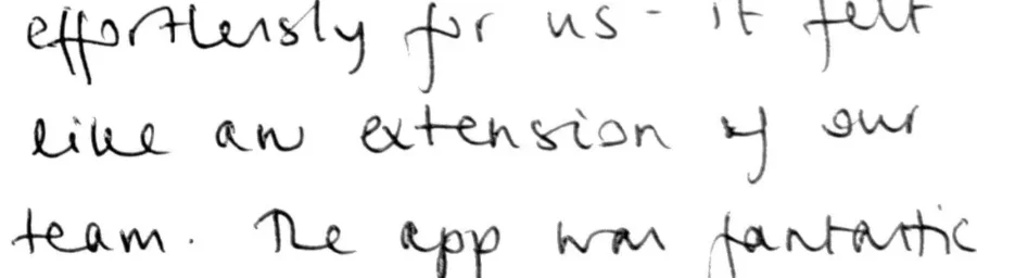 Handwritten lines from Keswick Ministries' thank-you card, August 2026: “it felt like an extension of our team”